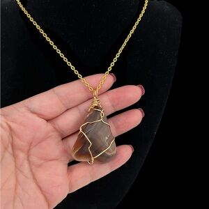 Natural stone, pendant, gold plated, wire wrapped